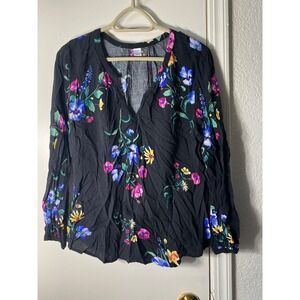 Old Navy Womens Floral V-Neck Long Sleeve Blouse Black Rayon Top Size L